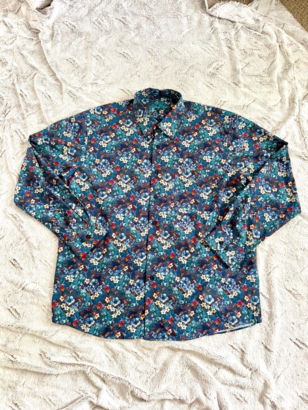 Alan Flusser Men's XL Floral Stretch Long Sleeve Button Down Shirt Blue Green